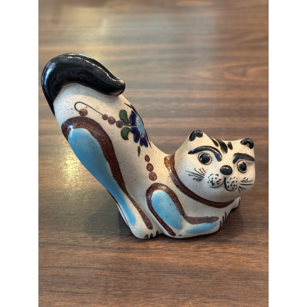 Vintage Ken Edwards Tonala Mexico Pottery Cat Figurine Hand Painted Blue Floral